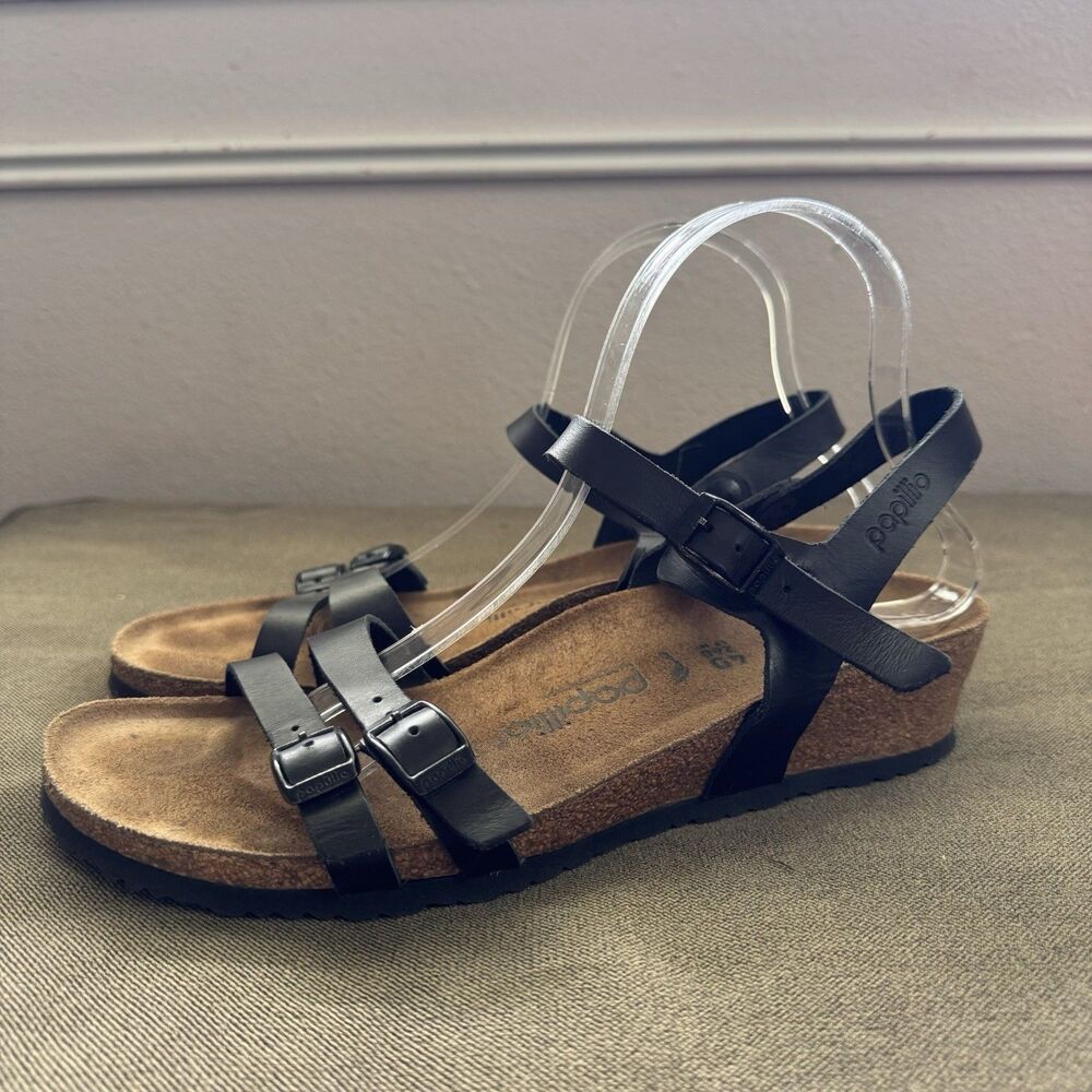 Birkenstock Papillio Lana Wedge Sandals Women 40 Black Leather Boho Strappy Shoe